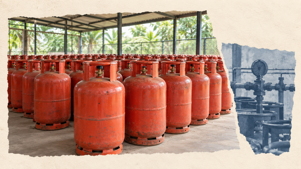 AI-generated editorial illustration of red LPG cylinders at a dealer, with gas equipment in a blue-grey collage.