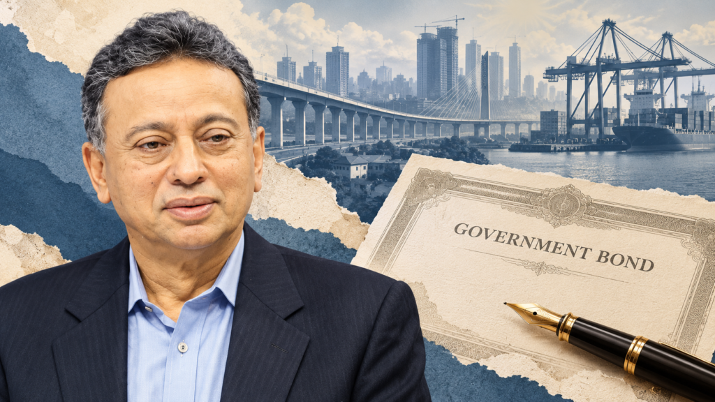 AI-generated editorial collage of Amir Khosru Mahmud Chowdhury with a symbolic government bond and infrastructure.