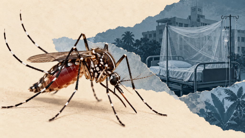 AI-generated conceptual collage of an Aedes mosquito and an empty hospital bed under a mosquito net.