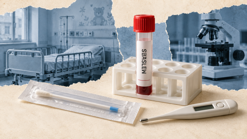 AI-generated conceptual illustration of measles testing materials with a laboratory and an empty paediatric bed.