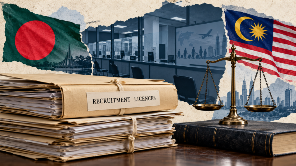 AI-generated editorial collage of recruitment licence folders, scales and Bangladesh and Malaysia flags.