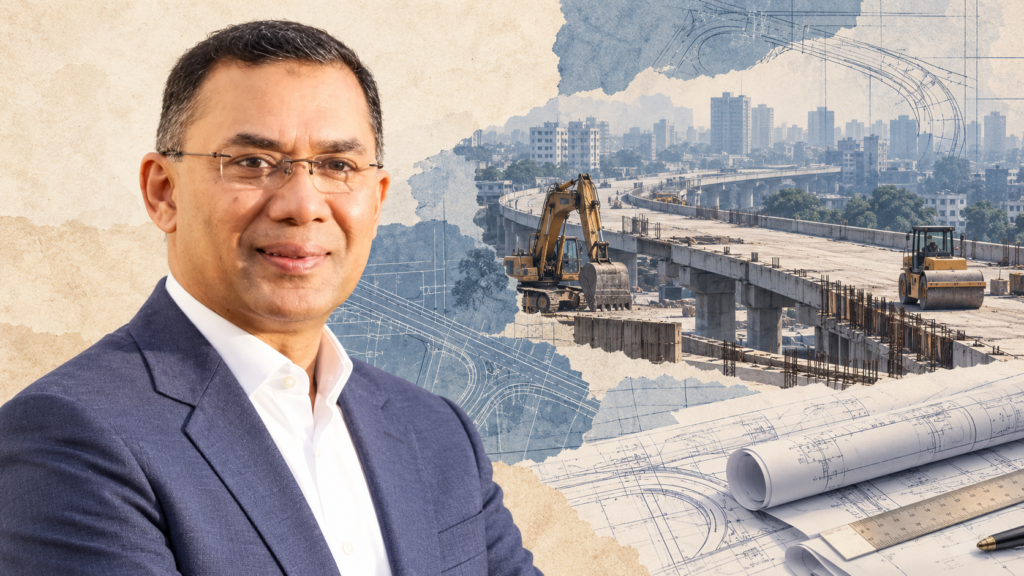 AI-generated editorial collage of Tarique Rahman with conceptual roadworks and engineering plans.