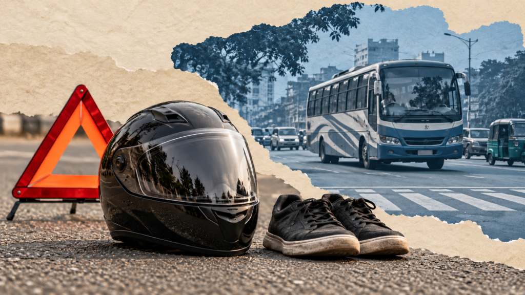 AI-generated symbolic still life of a motorcycle helmet, shoes and warning triangle with a Bangladesh road backdrop.