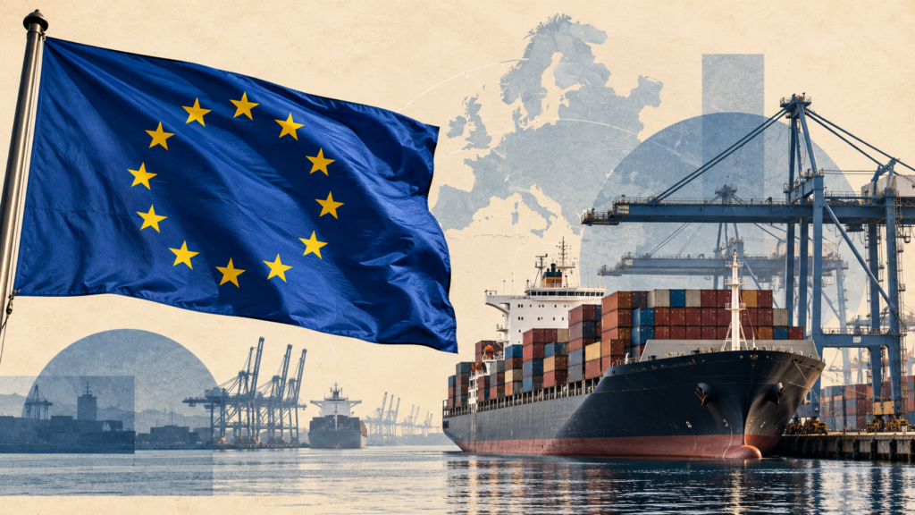 AI-generated illustration of a European Union flag beside container shipping.