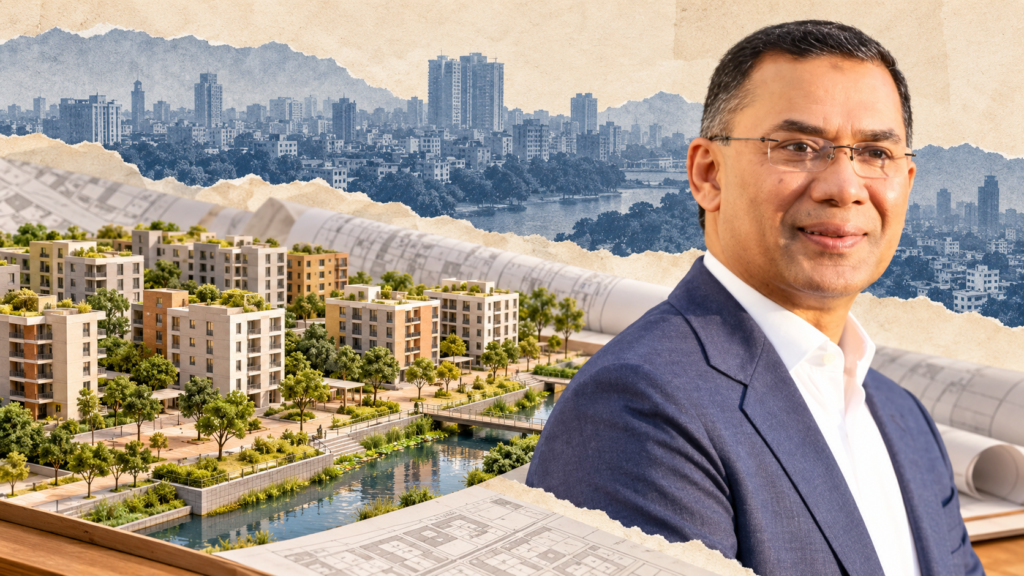 AI-generated editorial collage of Tarique Rahman beside a symbolic urban-planning model and residential blocks.