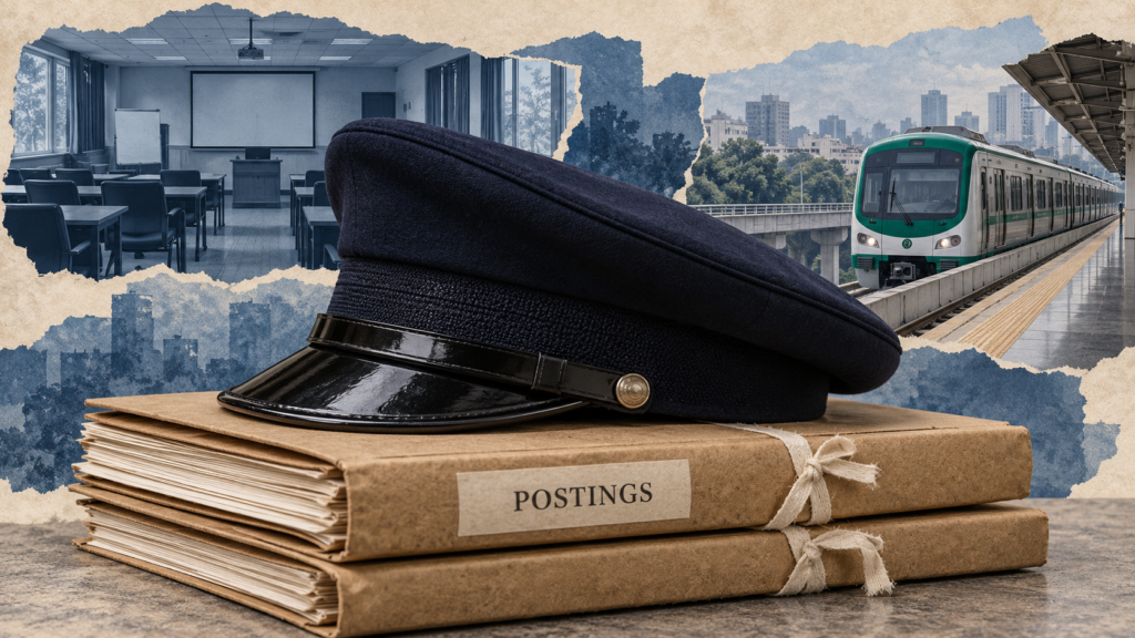 AI-generated editorial collage of a police-style cap and posting folders with a training classroom and metro train.