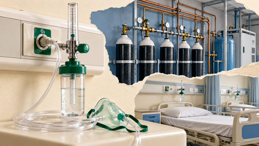 AI-generated conceptual montage of medical oxygen equipment, supply pipes and a hospital bed.