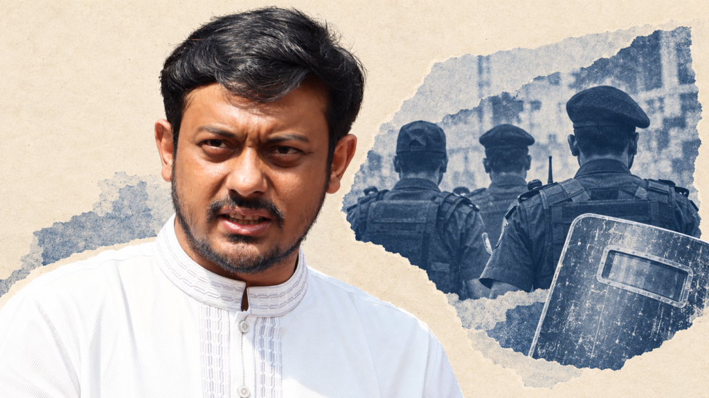 AI-generated editorial collage of Nasiruddin Patwary with symbolic police officers and a protective shield.