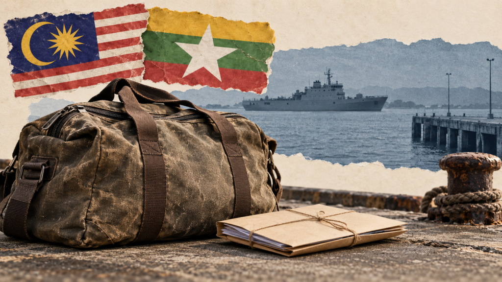 AI-generated conceptual collage of a travel bag, vessel and Malaysia and Myanmar flags.
