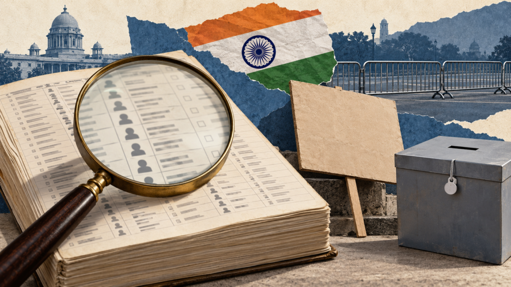 AI-generated conceptual collage of a voter register under a magnifying glass, a blank placard and India's flag.
