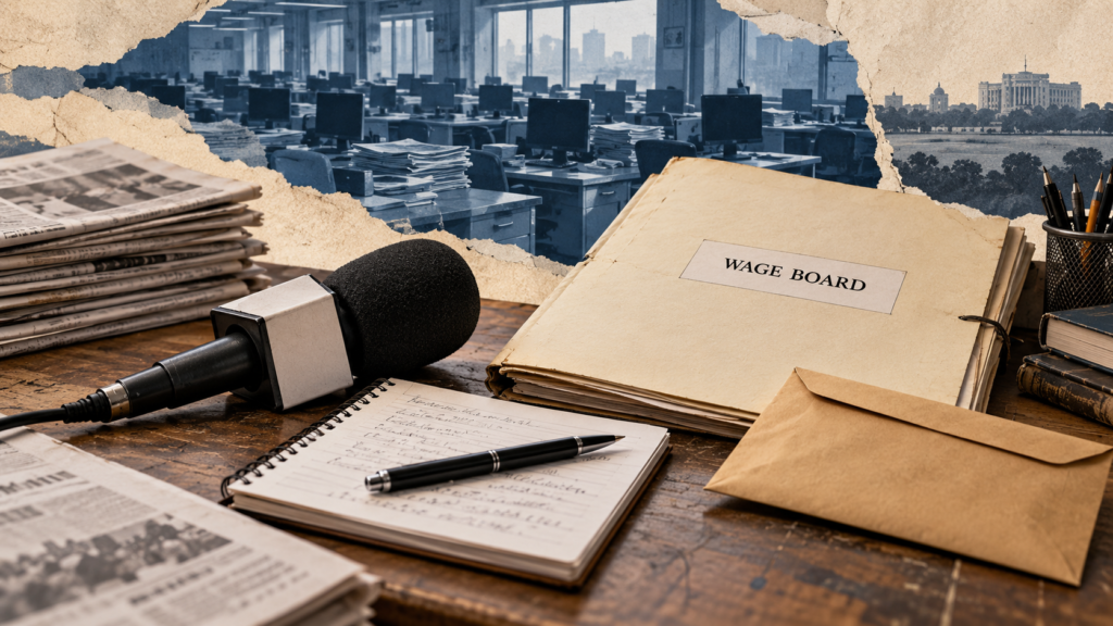AI-generated editorial still life of reporting equipment, a wage-board folder and a pay envelope.