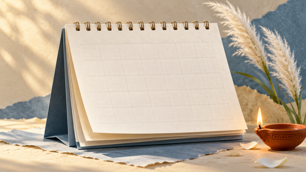 Conceptual illustration of a blank calendar beside a clay oil lamp and kash grass.