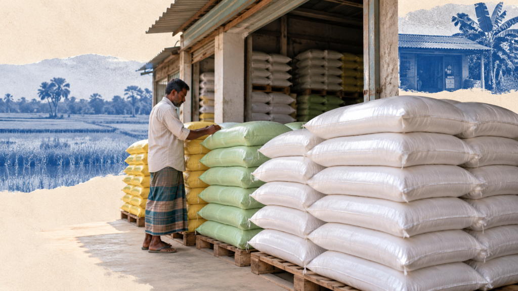 Conceptual illustration of fertiliser sacks in a rural shop, with a shopkeeper and rice fields.