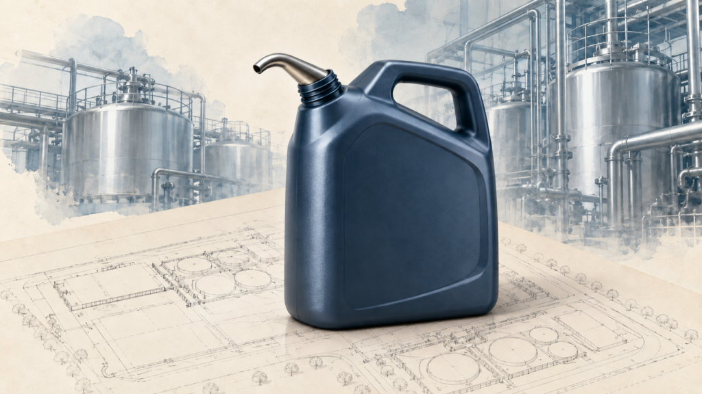 Conceptual illustration of an unbranded lubricant container with blending tanks and a planning sheet.