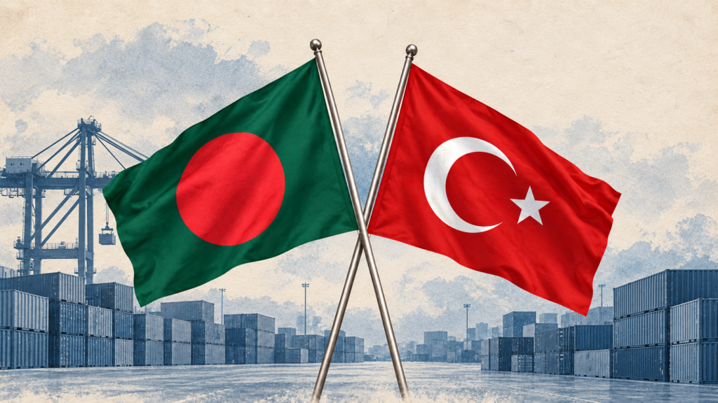 Bangladesh and Turkish flags above a muted illustration of shipping containers and a port crane.