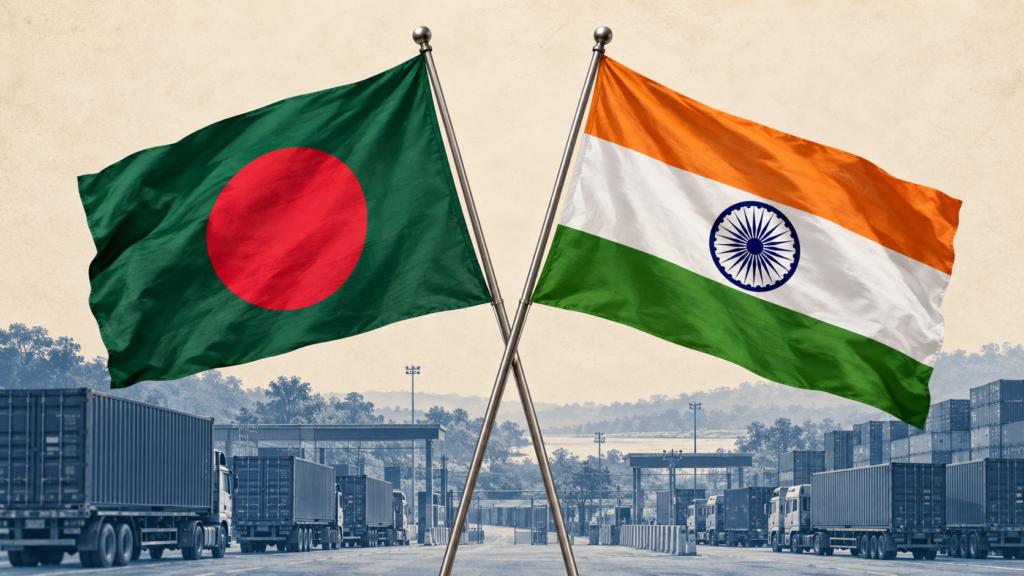 Bangladesh and India flags above a stylised border trade setting.