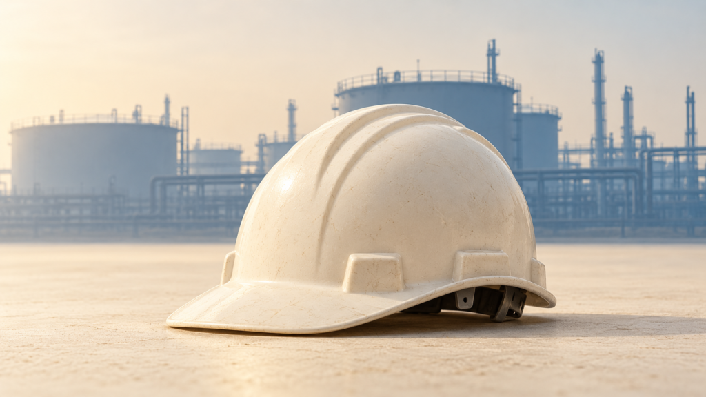 Conceptual illustration of an industrial safety helmet with muted storage tanks behind it.