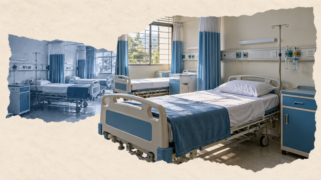 Conceptual illustration of empty hospital beds in a ward.
