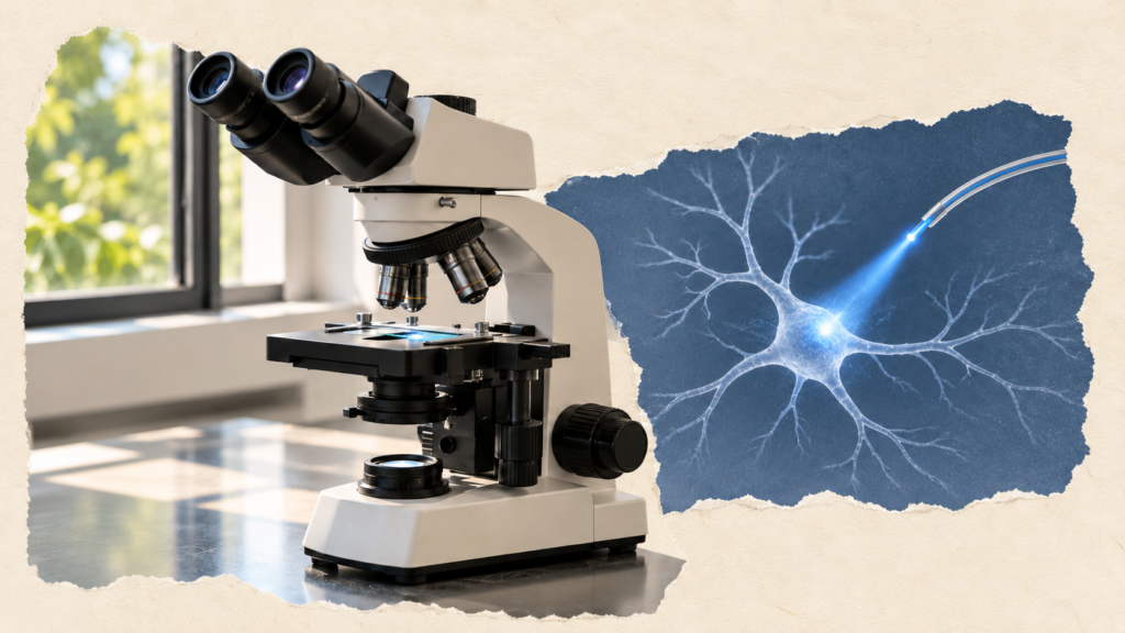 Microscope beside a conceptual nerve cell illuminated by blue light from an optical fibre.