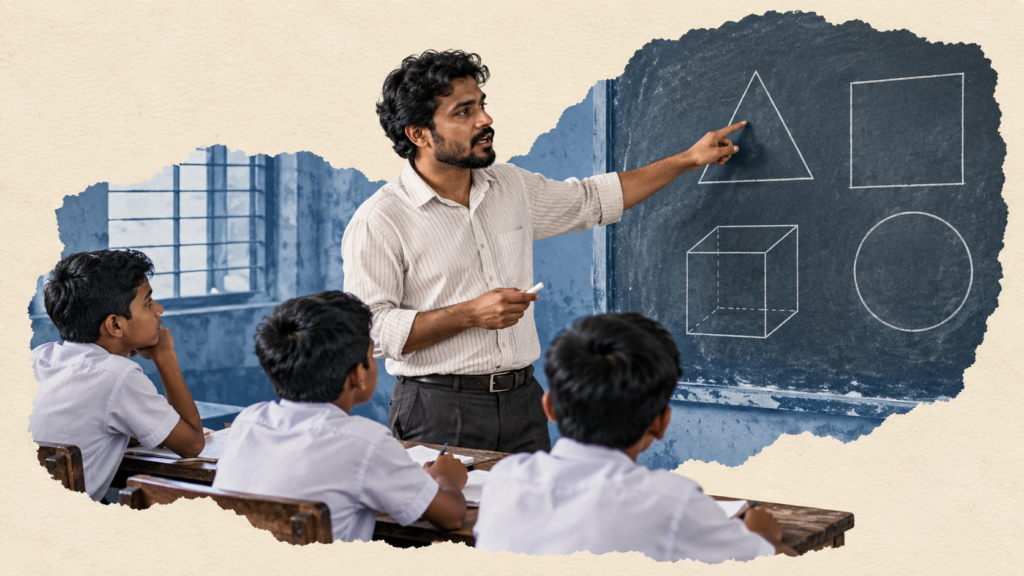 Conceptual illustration of a fictional teacher explaining geometric shapes to pupils in a classroom.