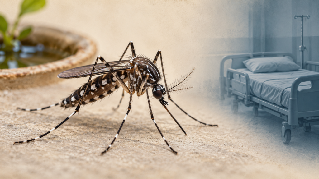 Conceptual collage of an Aedes mosquito, a water container and an empty hospital bed.