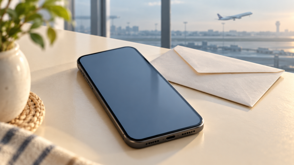 Conceptual illustration of a blank smartphone and envelope with an airport in the background.