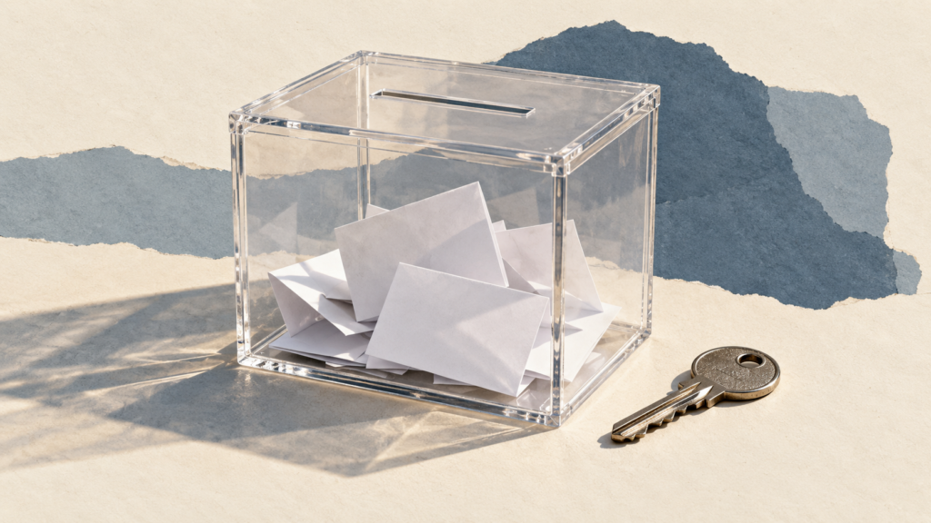 Conceptual illustration of a ballot box containing blank papers beside a house key.