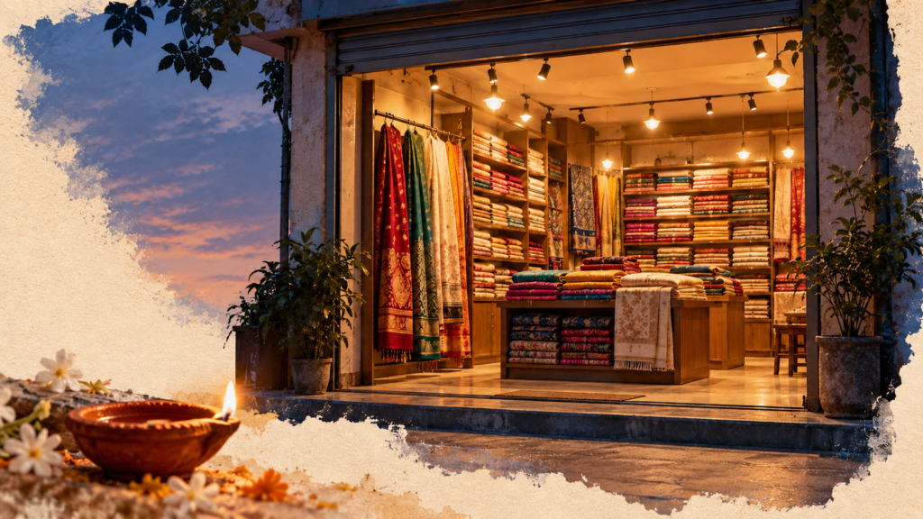Conceptual illustration of a fabric shop lit at dusk, with a small clay lamp.