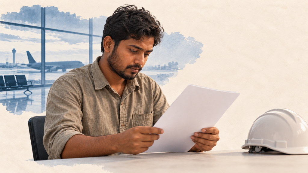 Fictional worker considering blank papers, with a safety helmet and airport context.
