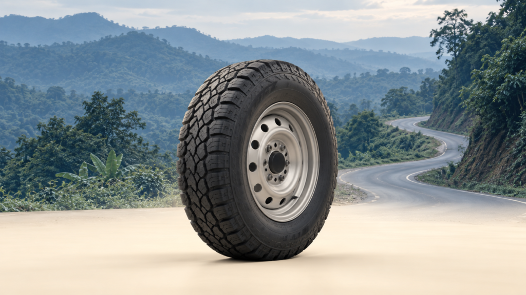 Conceptual road-safety illustration of an undamaged tyre with a generic forested hill road.