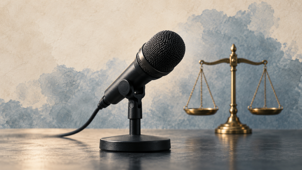Conceptual illustration of a microphone with balanced scales of justice.