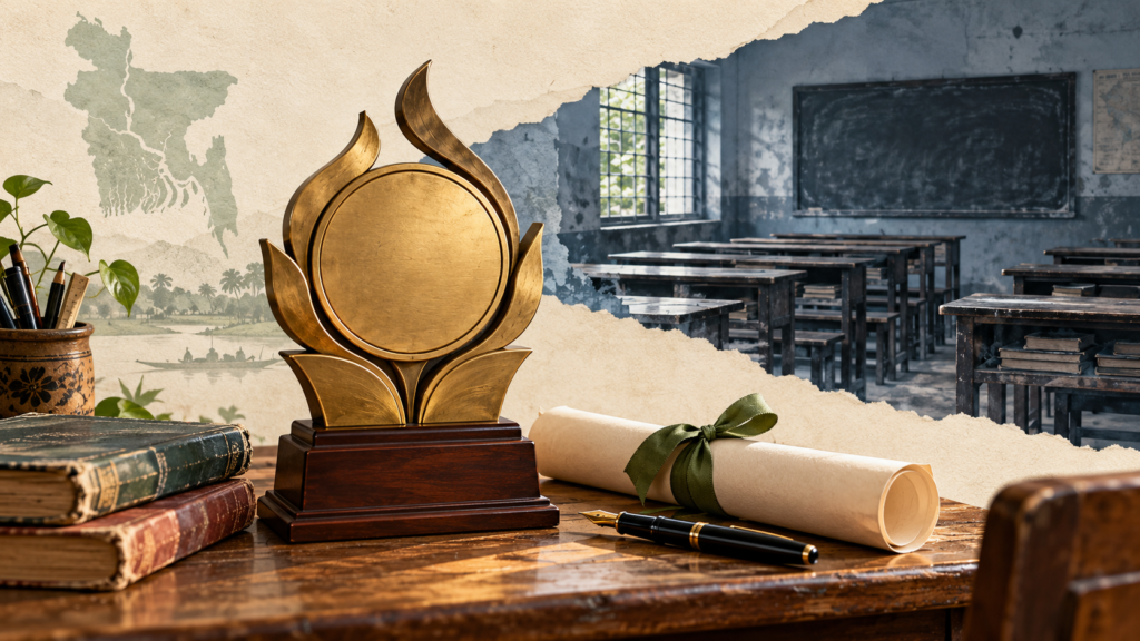 AI-generated conceptual illustration of a teacher's award crest, certificate and schoolbooks with an empty classroom.