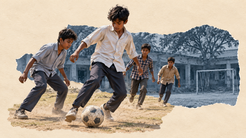 Conceptual illustration of fictional schoolboys playing football in a Bangladesh school courtyard.