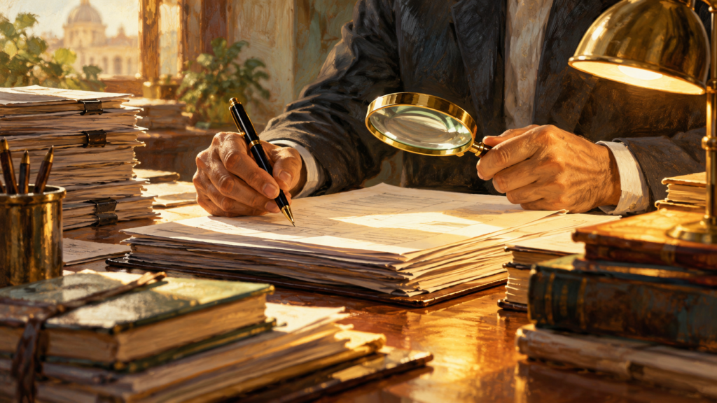 AI-generated illustration of an auditor examining documents with a magnifying glass.
