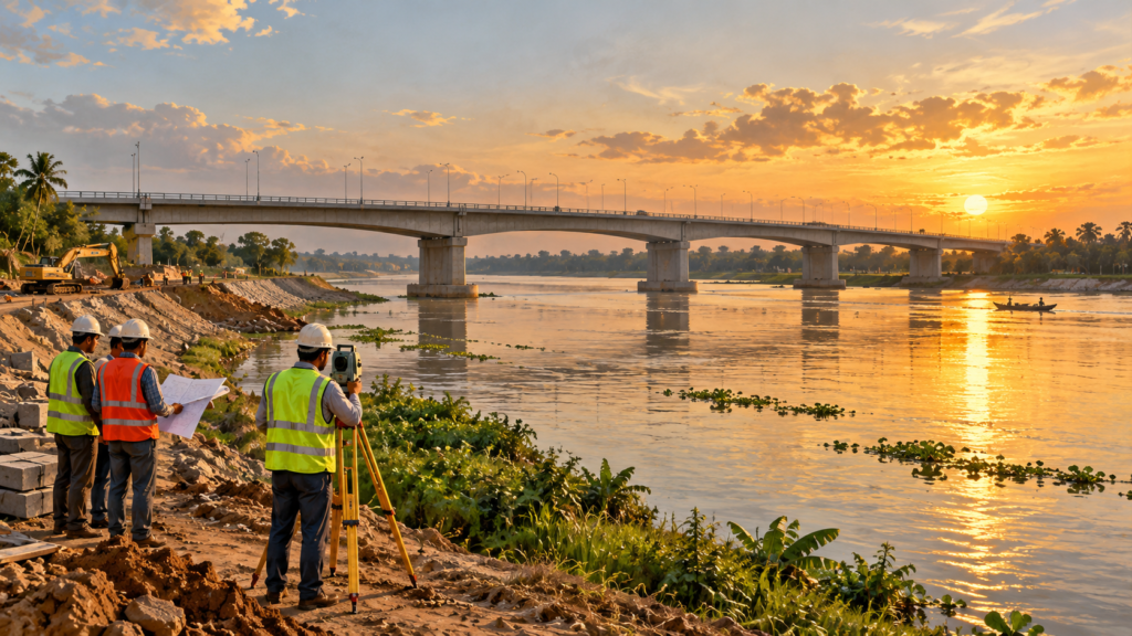 AI-generated illustration of engineers reviewing plans beside a river bridge.