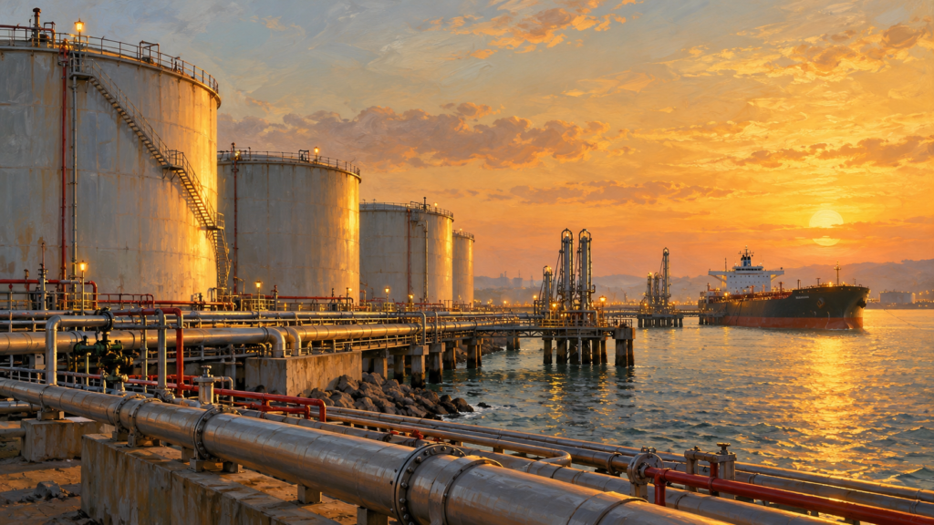 AI-generated illustration of fuel storage tanks and pipelines beside a river at sunset.