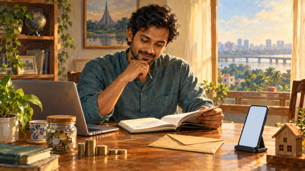 AI-generated illustration of a man reviewing financial documents beside a laptop and smartphone.