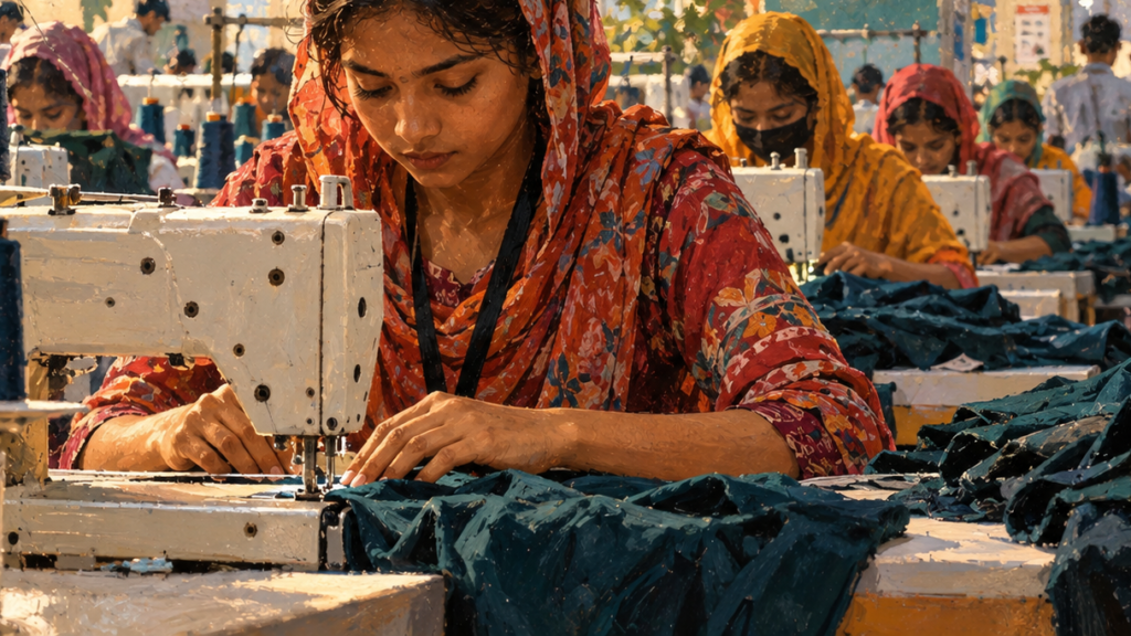 AI-generated illustration of garment workers sewing clothing in a factory.