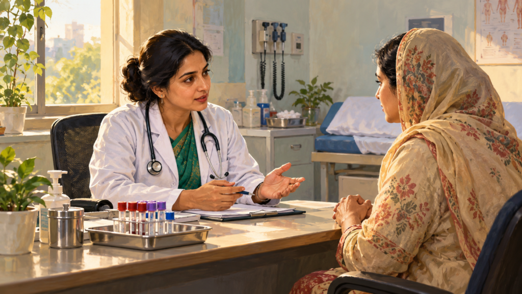 AI-generated illustration of a doctor consulting a patient in a clinic.