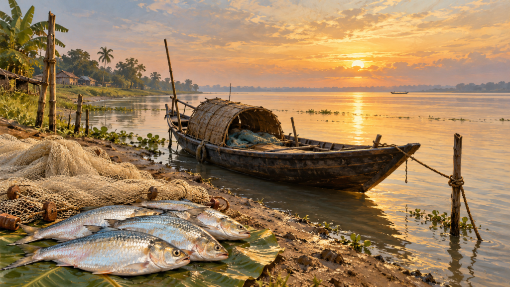 AI-generated illustration of hilsa fish, fishing nets and a wooden boat on a riverbank.