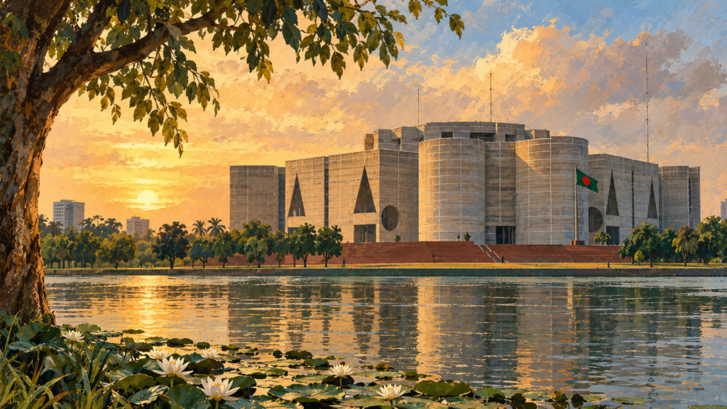AI-generated illustration of Bangladesh’s National Parliament beside a lake at sunset.