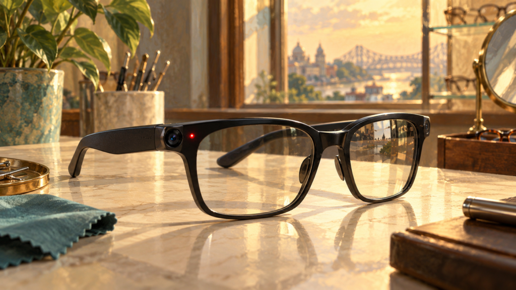 AI-generated illustration of camera-equipped smart glasses on a sunlit desk.