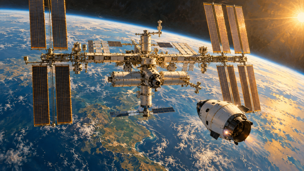 AI-generated illustration of the International Space Station and a spacecraft above Earth.